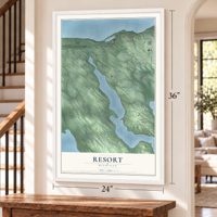 Resort, Michigan map, 24 x 36 inch print in a white frame by a staircase