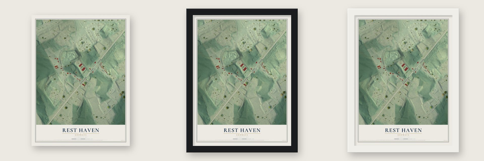 Rest Haven, Georgia map unframed, in a black wood frame and in a white wood frame