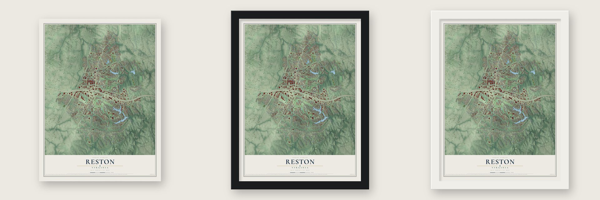 Reston, Virginia map unframed, in a black wood frame and in a white wood frame