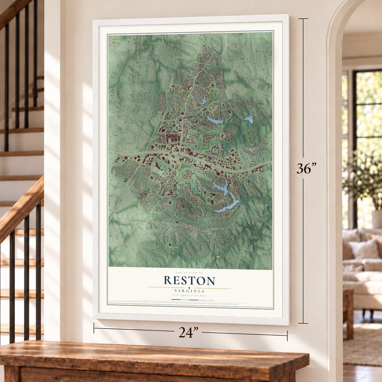 Reston, Virginia map, 24 x 36 inch print in a white frame by a staircase