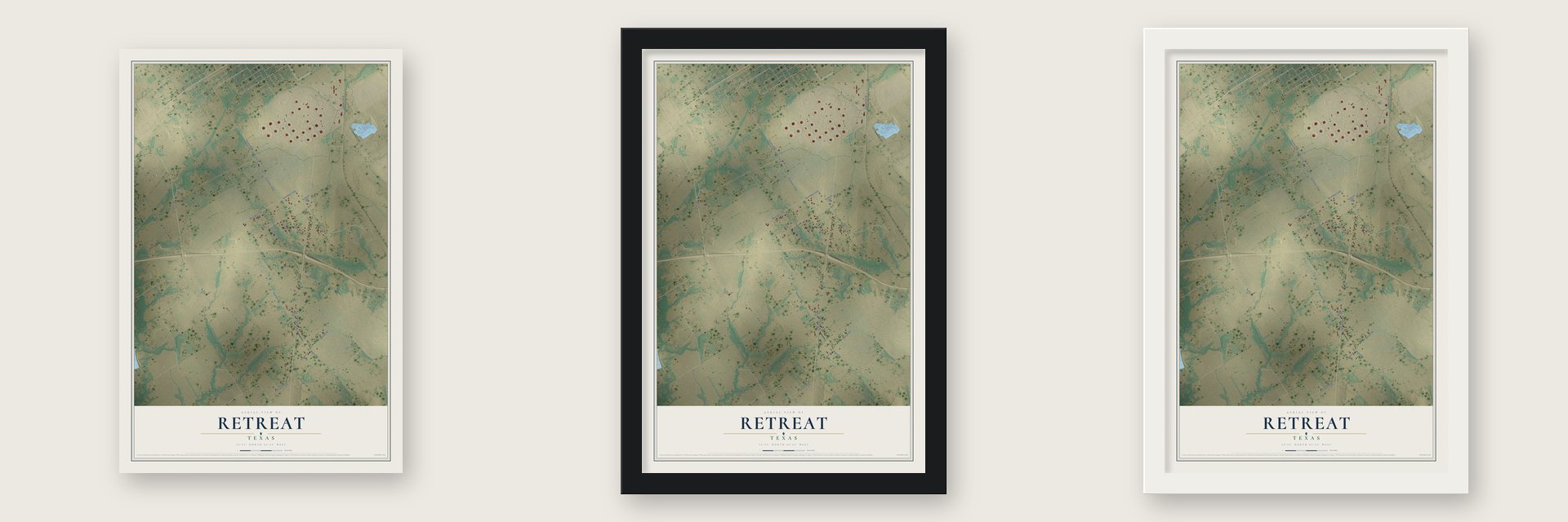 Retreat, Texas map unframed, in a black wood frame and in a white wood frame