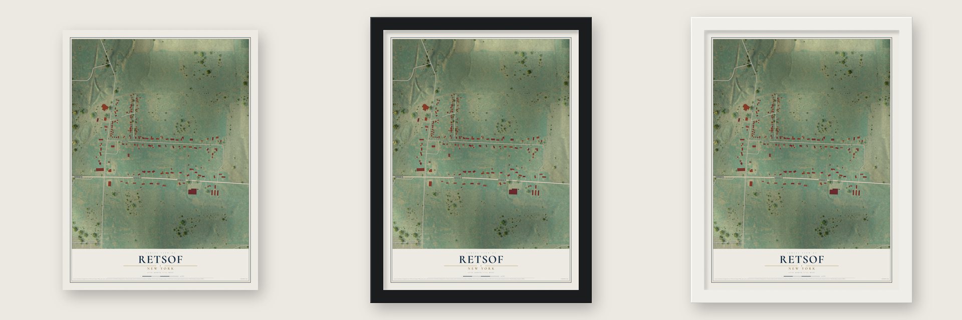 Retsof, New York map unframed, in a black wood frame and in a white wood frame