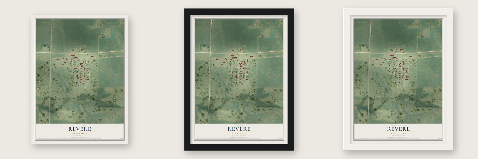 Revere, Minnesota map unframed, in a black wood frame and in a white wood frame