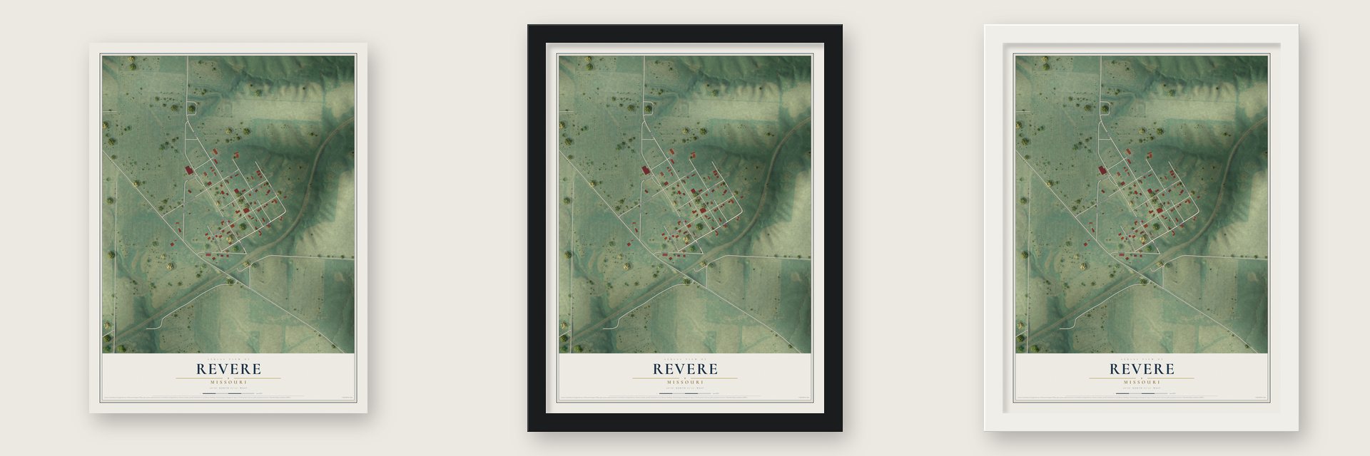 Revere, Missouri map unframed, in a black wood frame and in a white wood frame