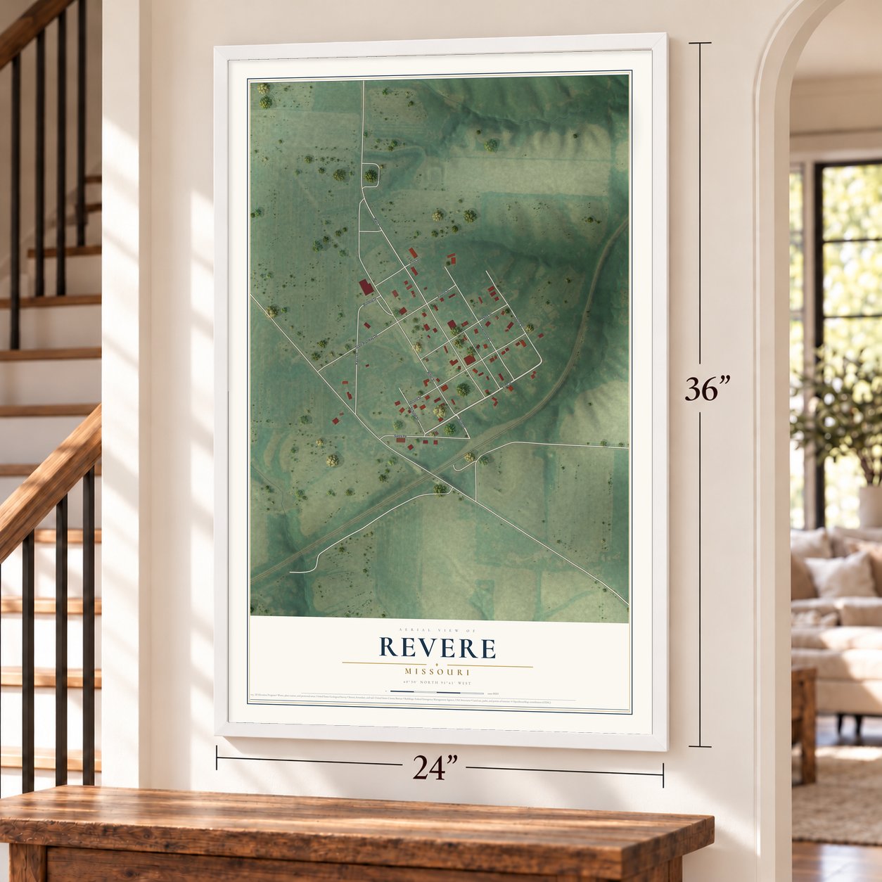 Revere, Missouri map, 24 x 36 inch print in a white frame by a staircase