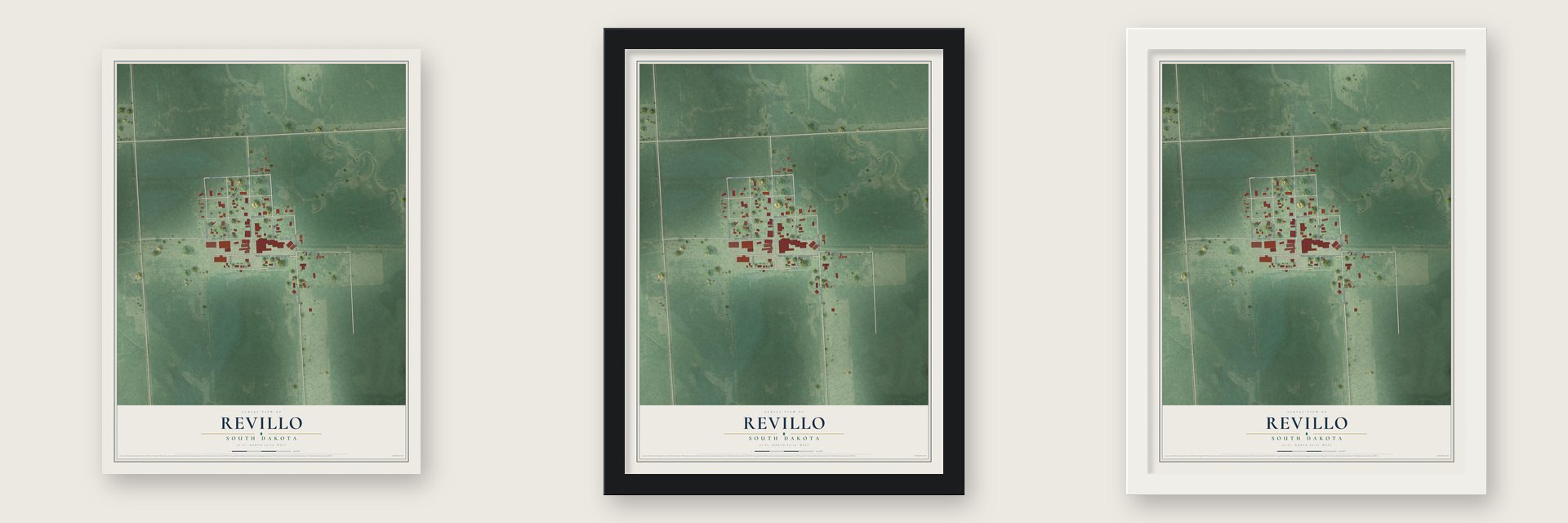 Revillo, South Dakota map unframed, in a black wood frame and in a white wood frame
