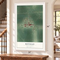Revillo, South Dakota map, 24 x 36 inch print in a white frame by a staircase