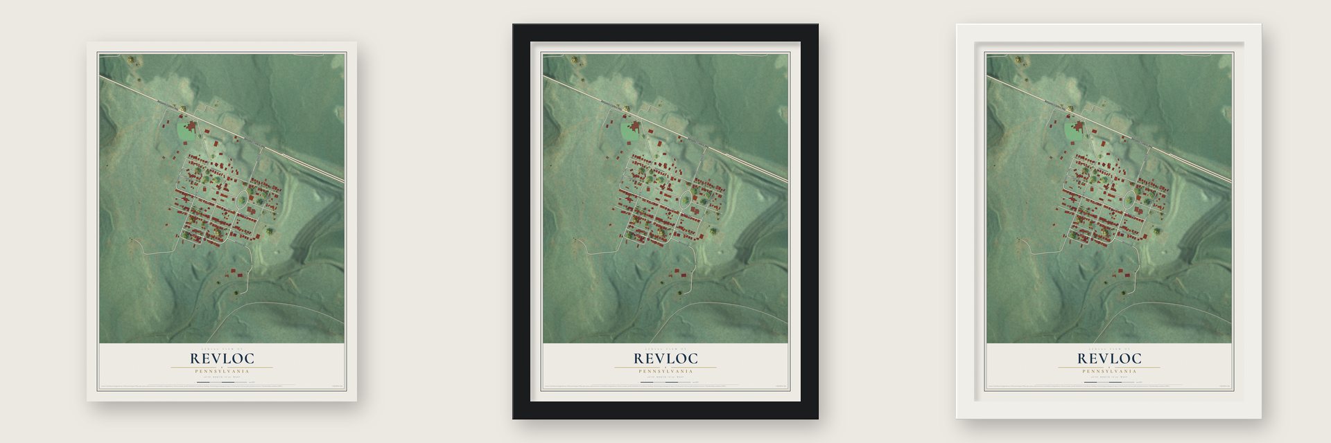 Revloc, Pennsylvania map unframed, in a black wood frame and in a white wood frame