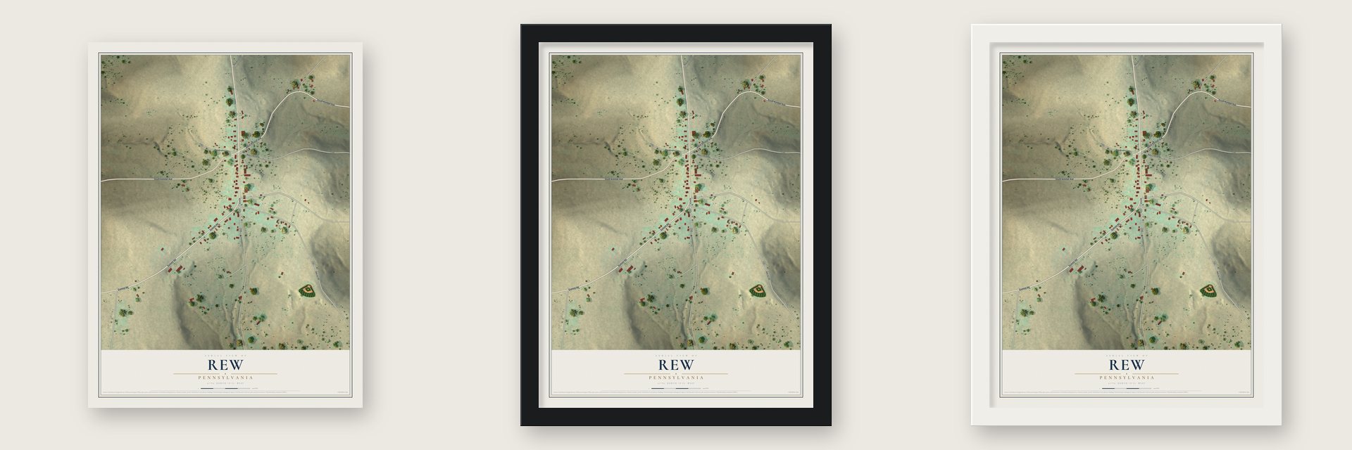 Rew, Pennsylvania map unframed, in a black wood frame and in a white wood frame