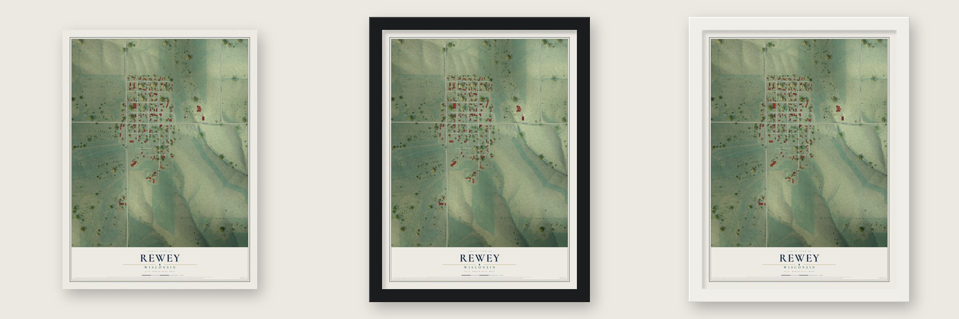 Rewey, Wisconsin map unframed, in a black wood frame and in a white wood frame
