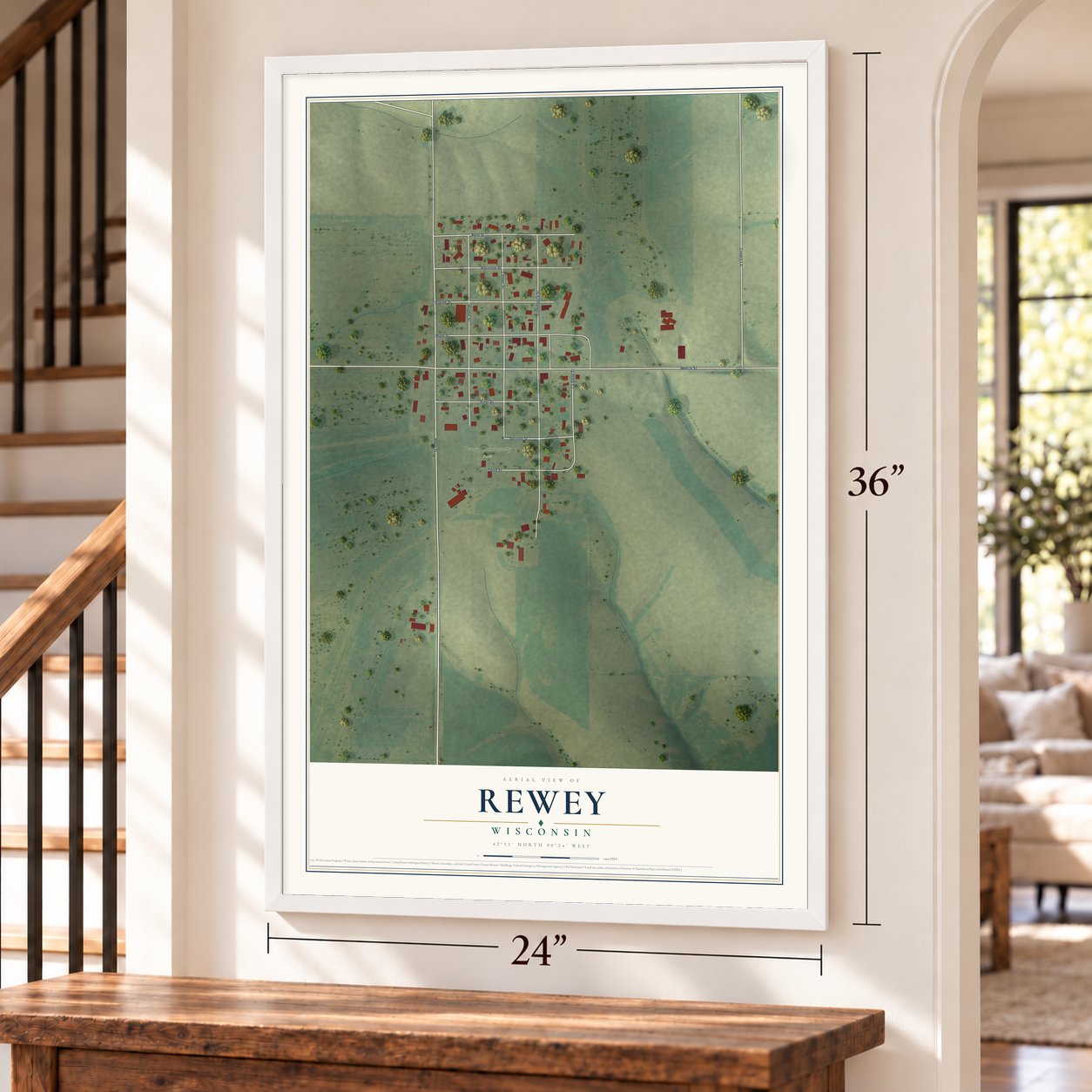 Rewey, Wisconsin map, 24 x 36 inch print in a white frame by a staircase