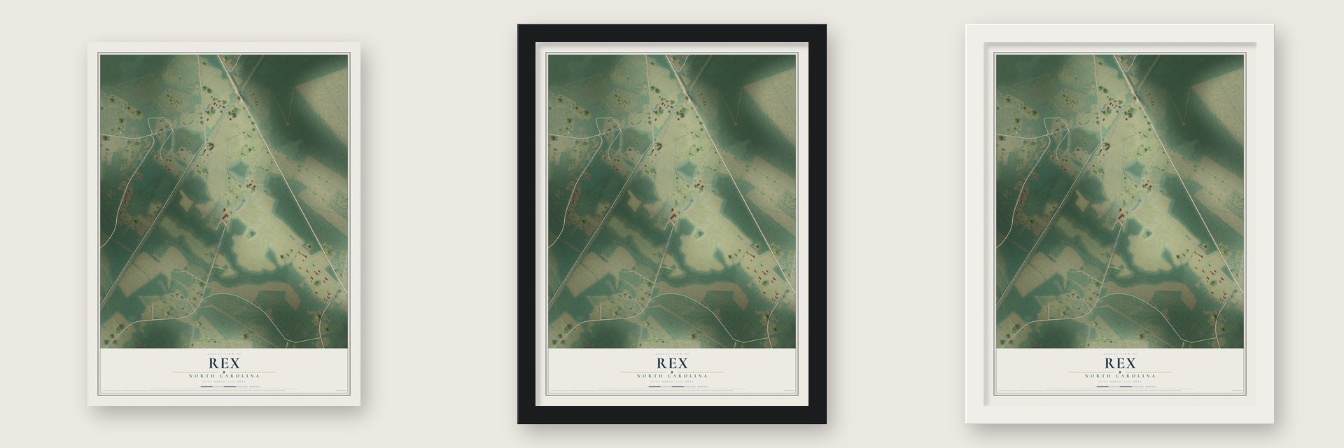 Rex, North Carolina map unframed, in a black wood frame and in a white wood frame
