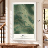 Rex, North Carolina map, 24 x 36 inch print in a white frame by a staircase