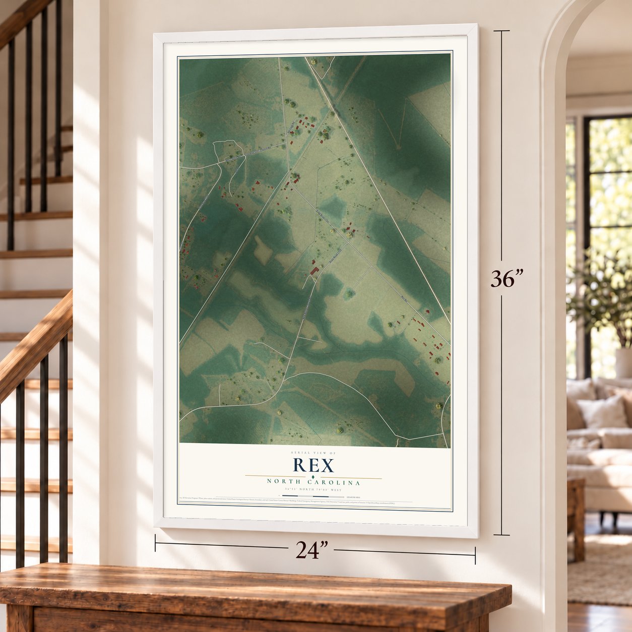 Rex, North Carolina map, 24 x 36 inch print in a white frame by a staircase