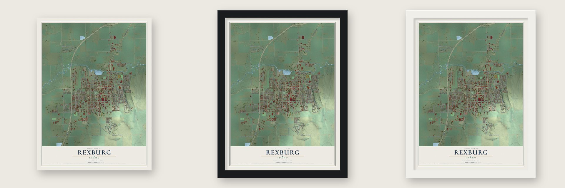 Rexburg, Idaho map unframed, in a black wood frame and in a white wood frame