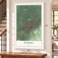 Rexburg, Idaho map, 24 x 36 inch print in a white frame by a staircase