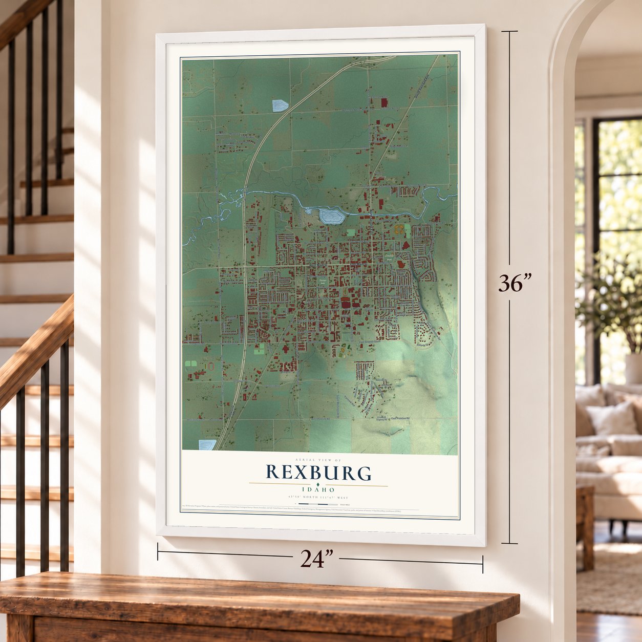 Rexburg, Idaho map, 24 x 36 inch print in a white frame by a staircase