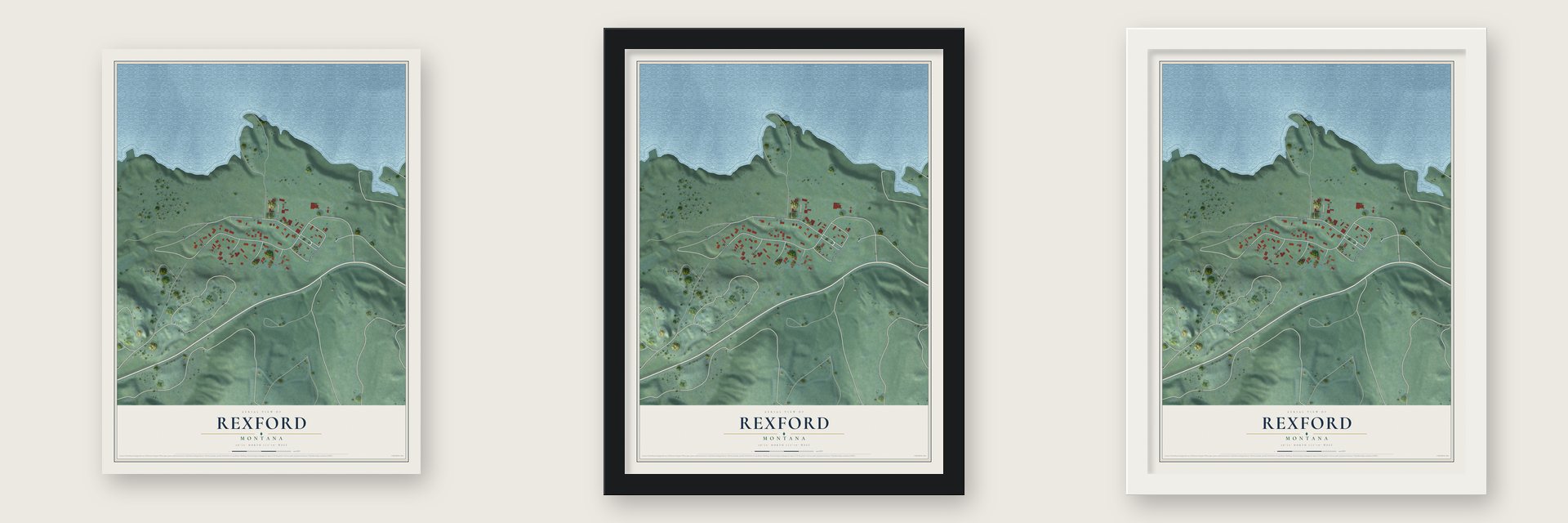 Rexford, Montana map unframed, in a black wood frame and in a white wood frame