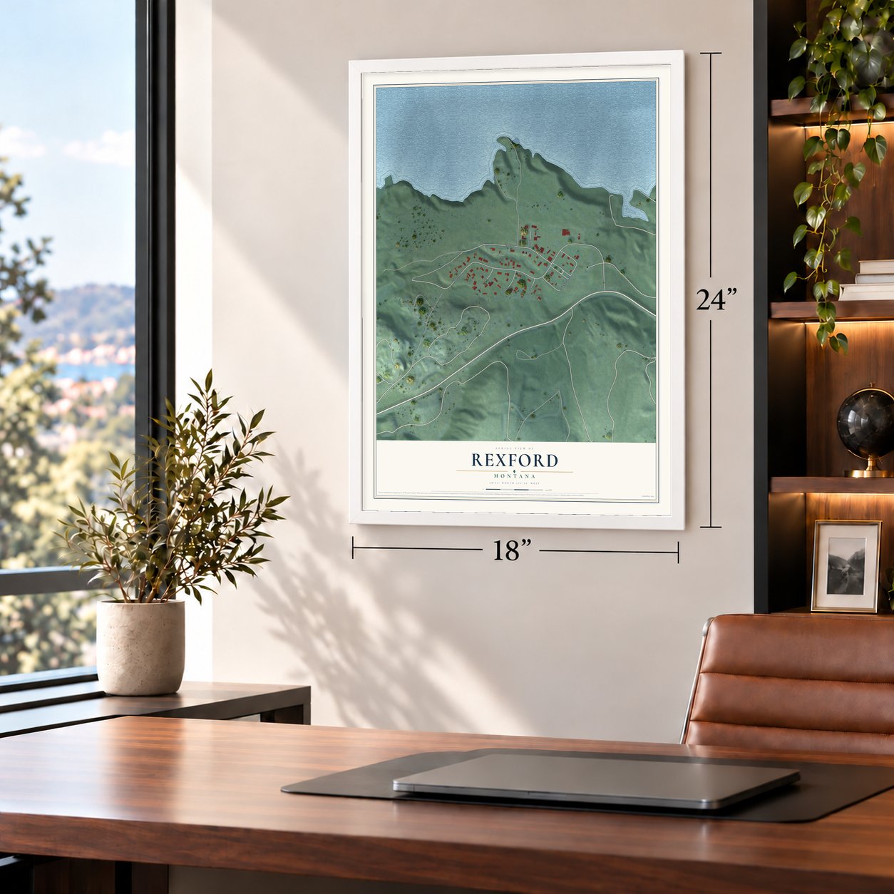 Rexford, Montana map, 18 x 24 inch print in a white frame in a home office
