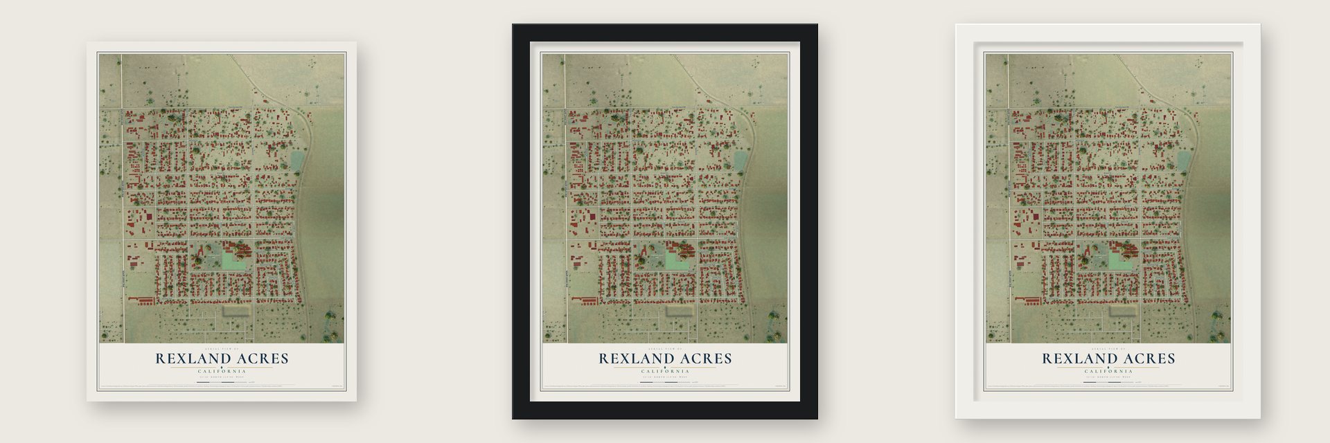 Rexland Acres, California map unframed, in a black wood frame and in a white wood frame