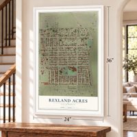 Rexland Acres, California map, 24 x 36 inch print in a white frame by a staircase