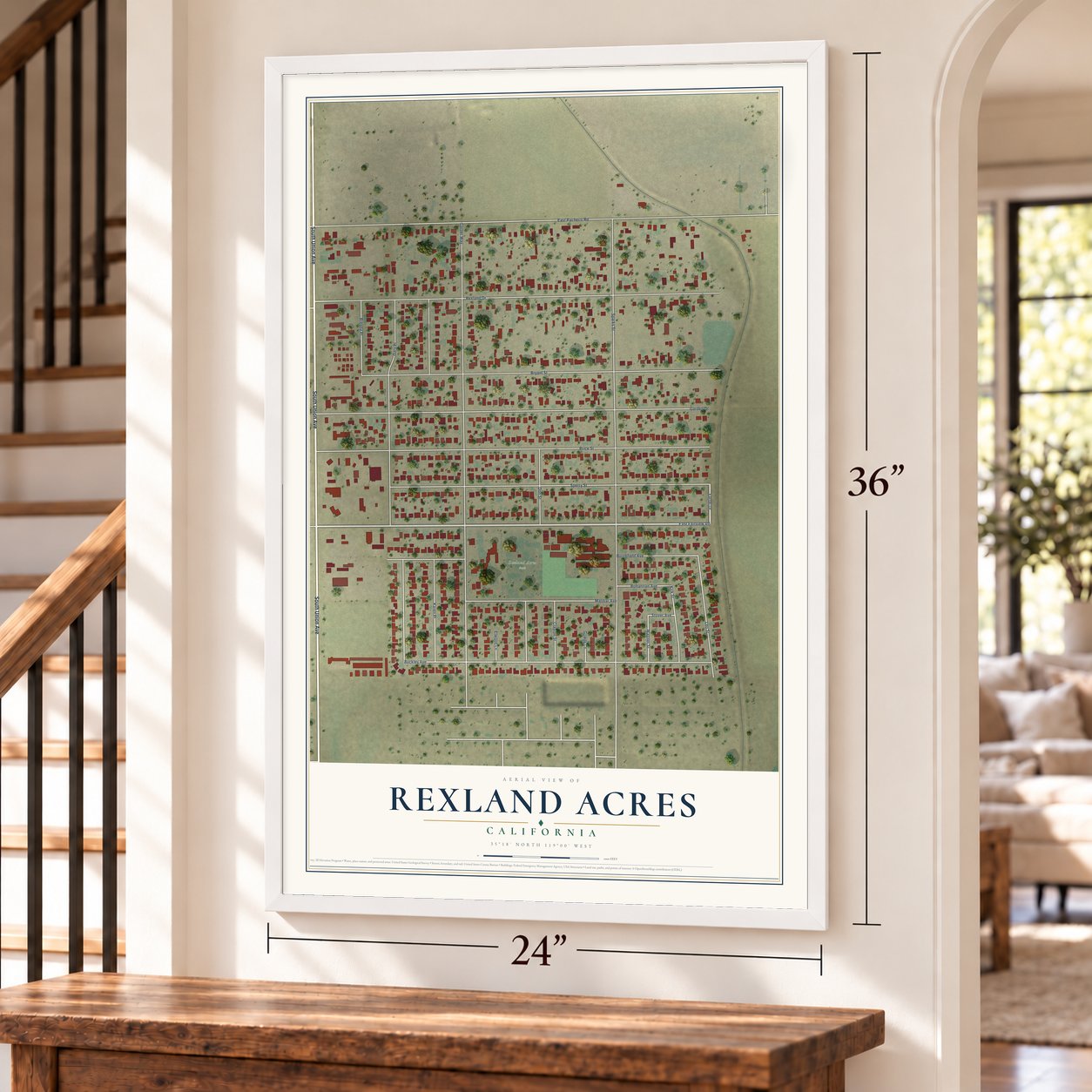 Rexland Acres, California map, 24 x 36 inch print in a white frame by a staircase