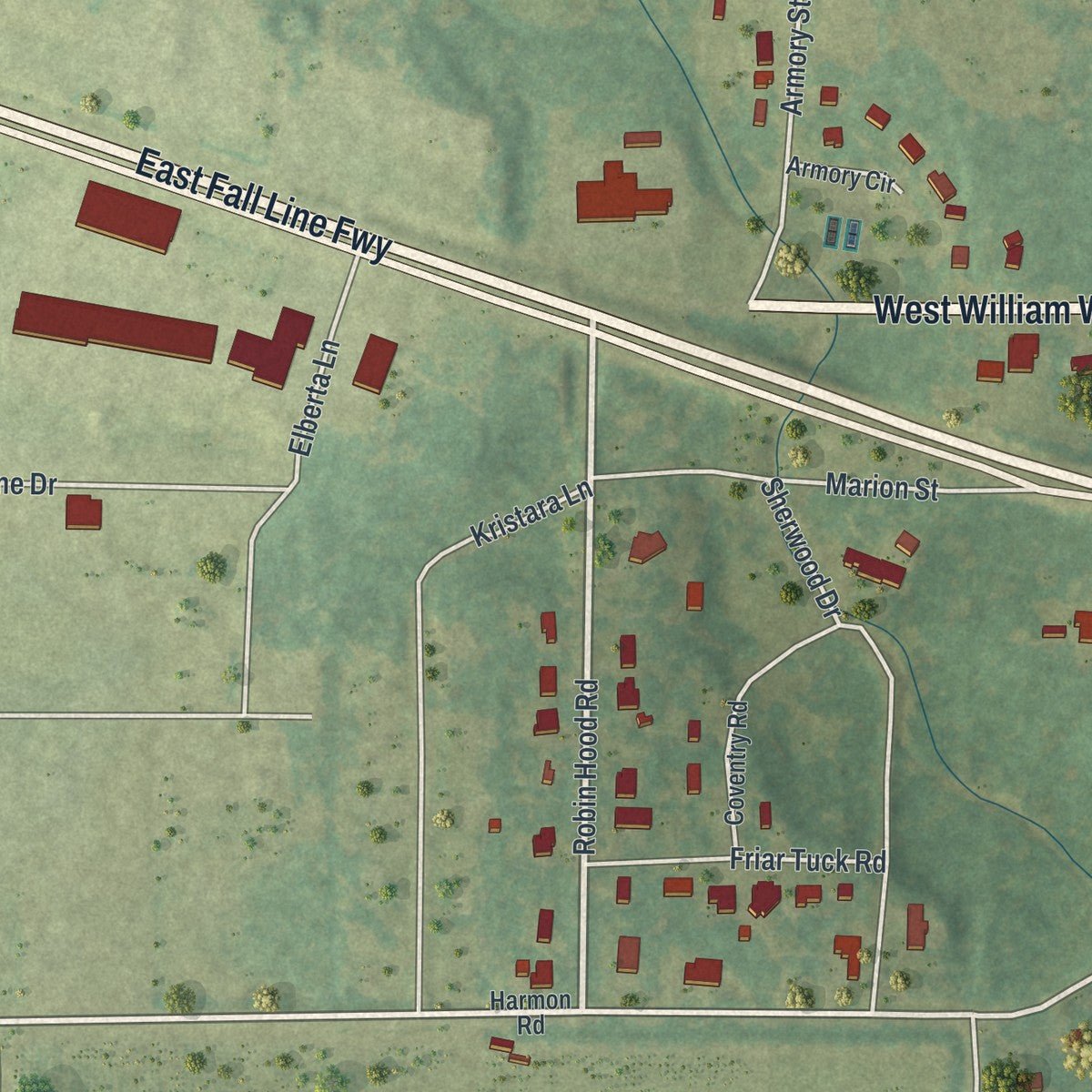 Second close-up of the map of Reynolds, Georgia print showing more streets and buildings