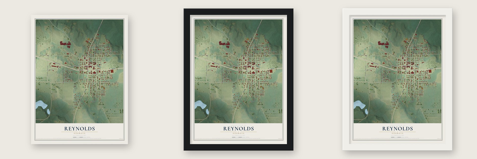Reynolds, Georgia map unframed, in a black wood frame and in a white wood frame