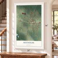 Reynolds, Georgia map, 24 x 36 inch print in a white frame by a staircase