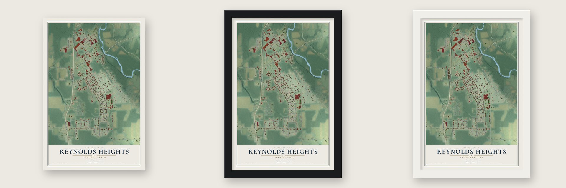 Reynolds Heights, Pennsylvania map unframed, in a black wood frame and in a white wood frame