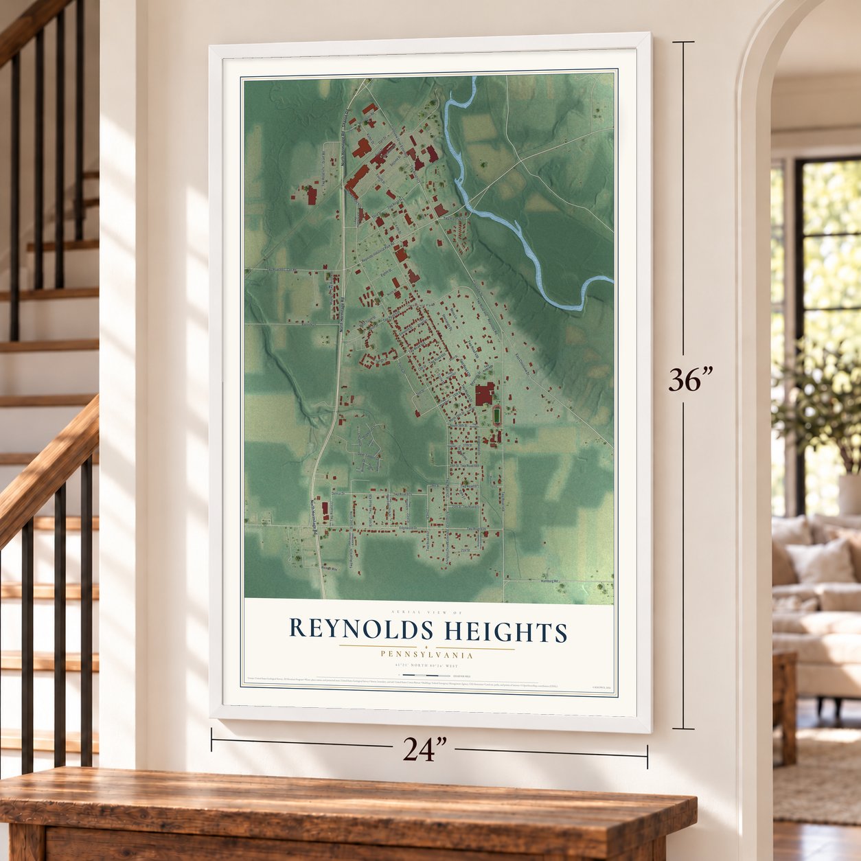 Reynolds Heights, Pennsylvania map, 24 x 36 inch print in a white frame by a staircase