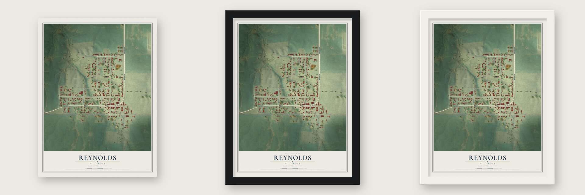 Reynolds, Illinois map unframed, in a black wood frame and in a white wood frame