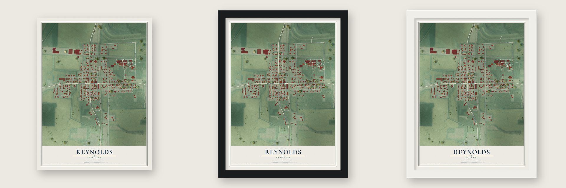 Reynolds, Indiana map unframed, in a black wood frame and in a white wood frame