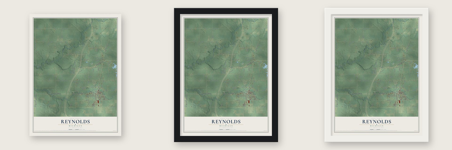 Reynolds, Michigan map unframed, in a black wood frame and in a white wood frame