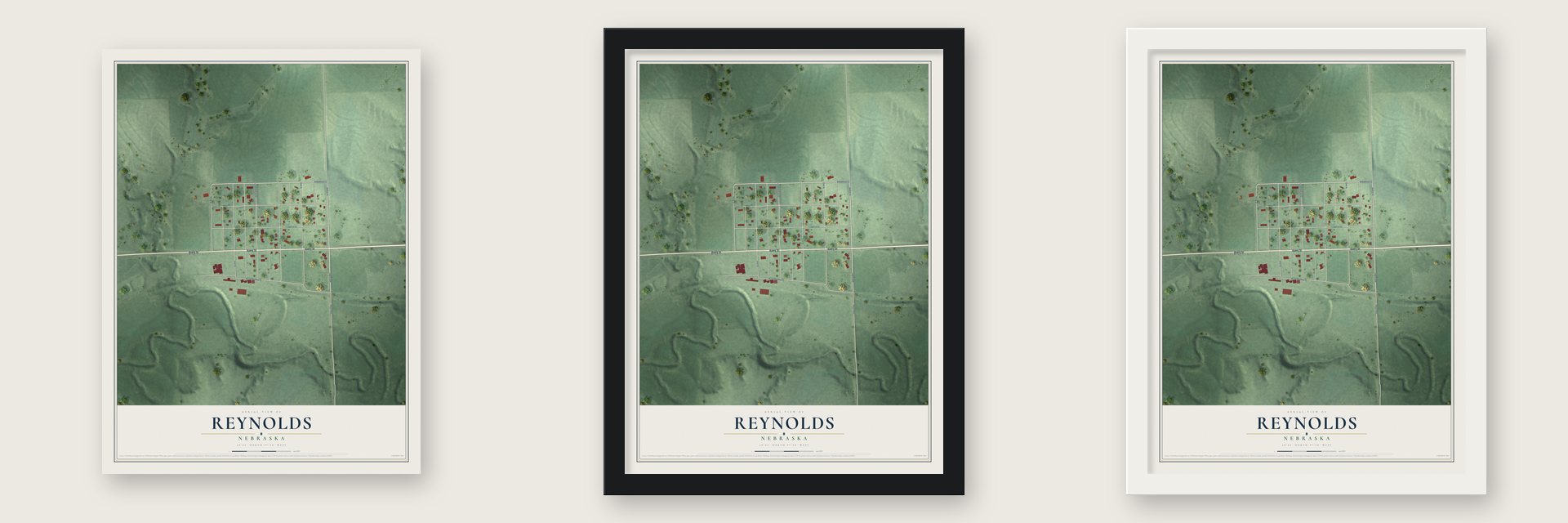 Reynolds, Nebraska map unframed, in a black wood frame and in a white wood frame