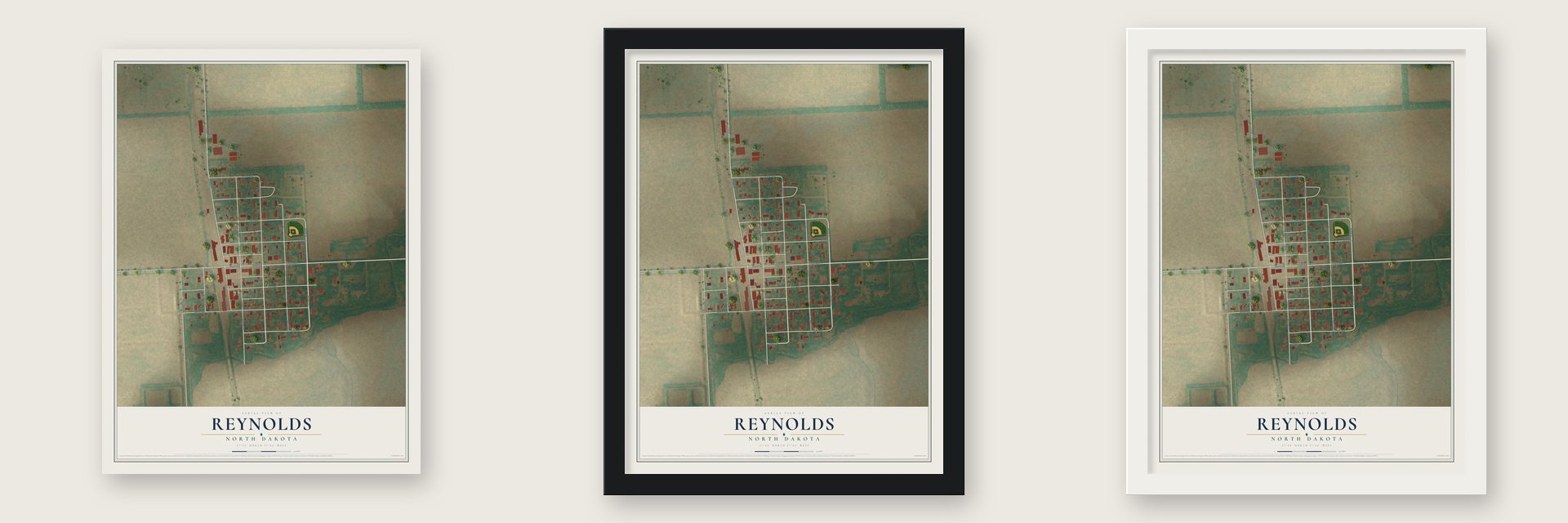 Reynolds, North Dakota map unframed, in a black wood frame and in a white wood frame