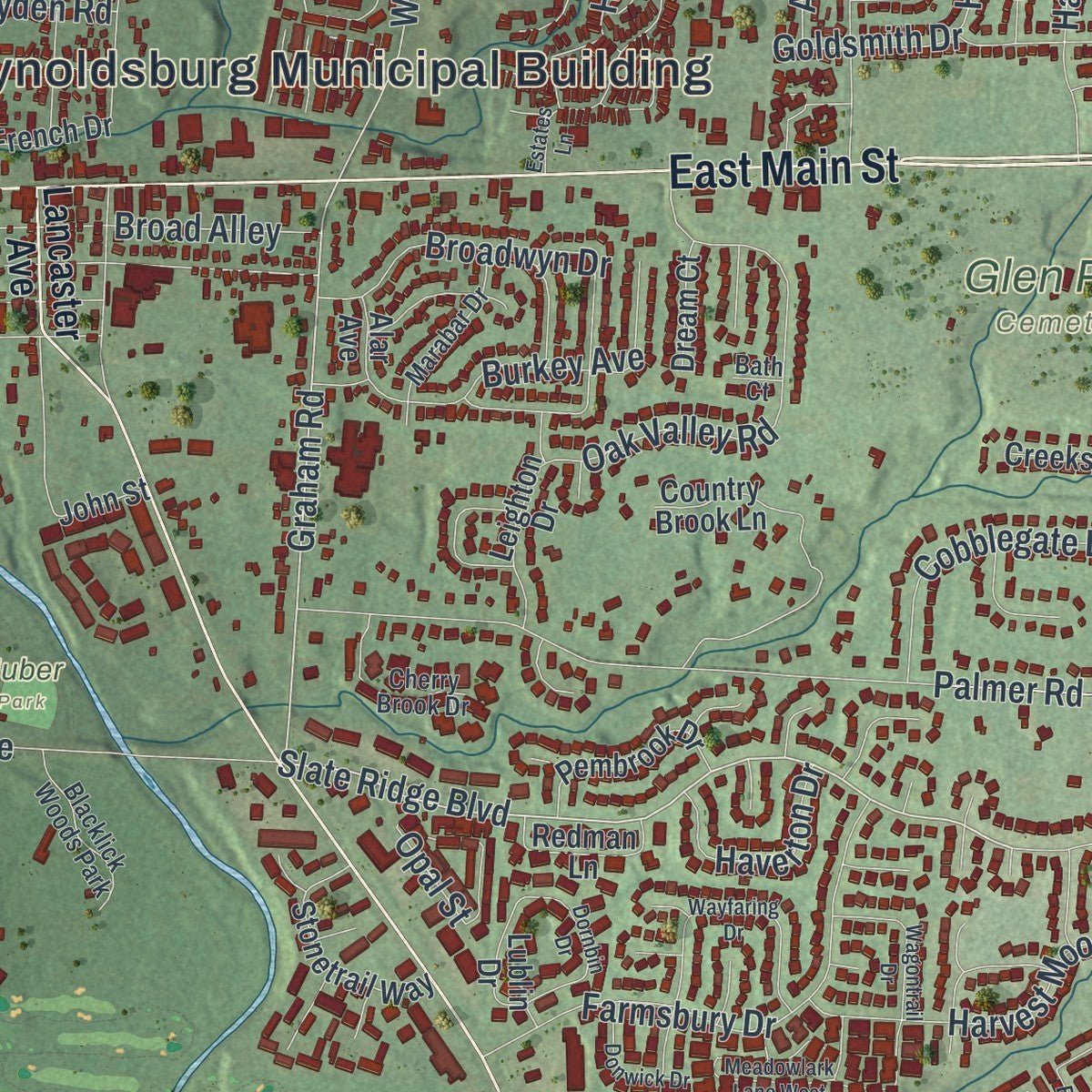 Second close-up of the map of Reynoldsburg, Ohio print showing more streets and buildings