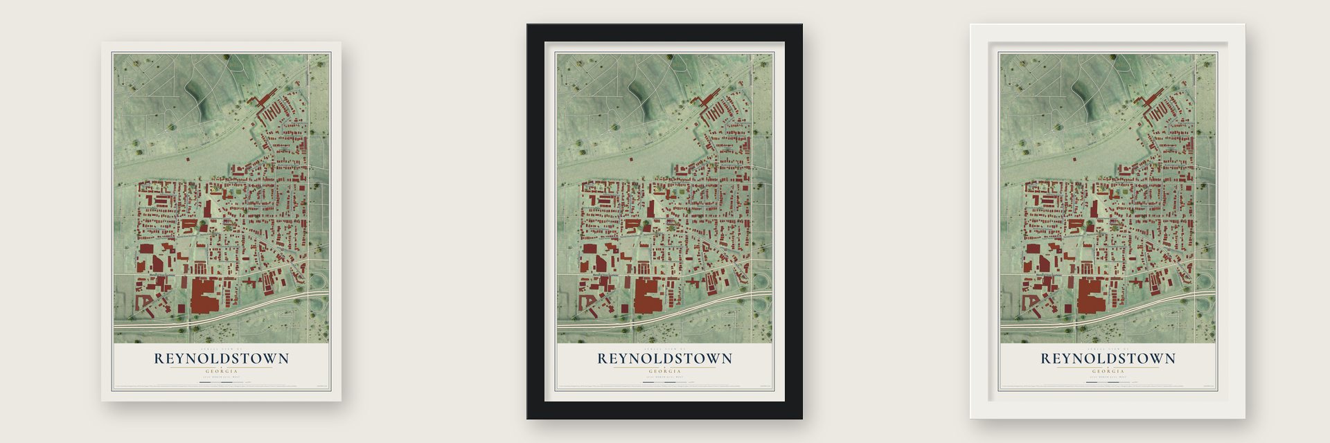 Reynoldstown, Georgia map unframed, in a black wood frame and in a white wood frame