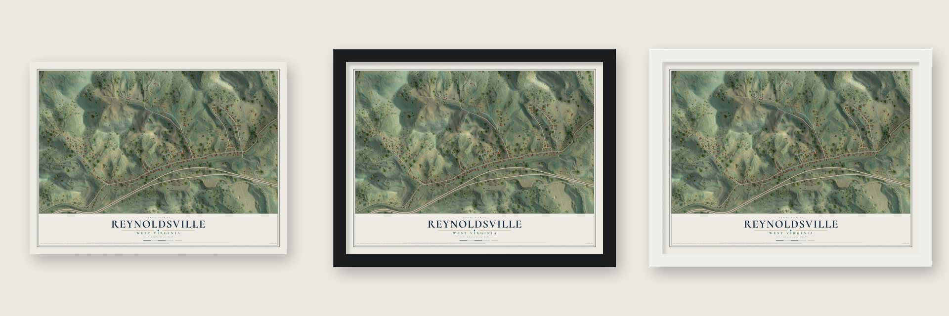 Reynoldsville, West Virginia map unframed, in a black wood frame and in a white wood frame