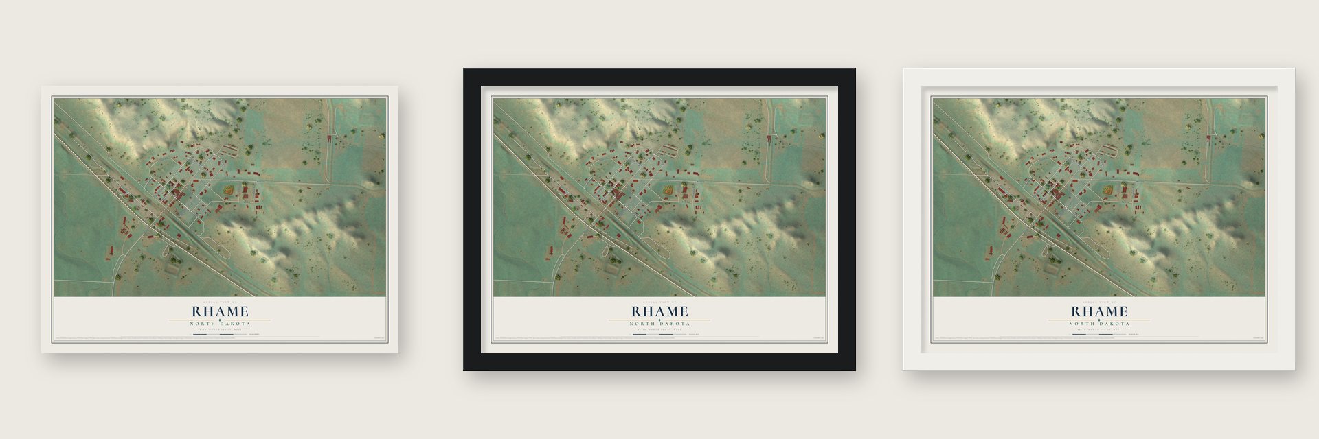 Rhame, North Dakota map unframed, in a black wood frame and in a white wood frame