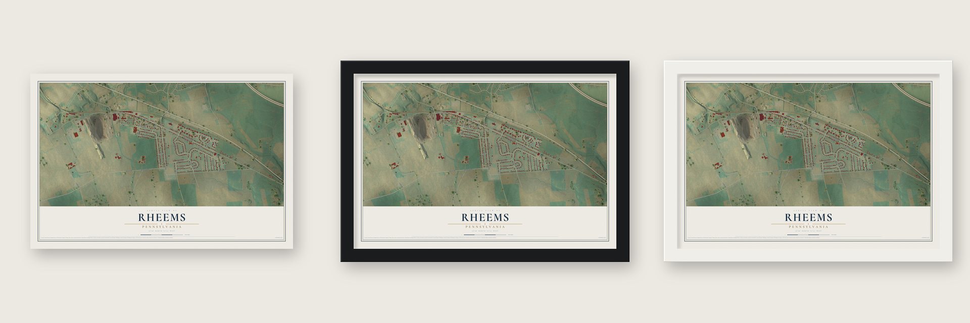 Rheems, Pennsylvania map unframed, in a black wood frame and in a white wood frame