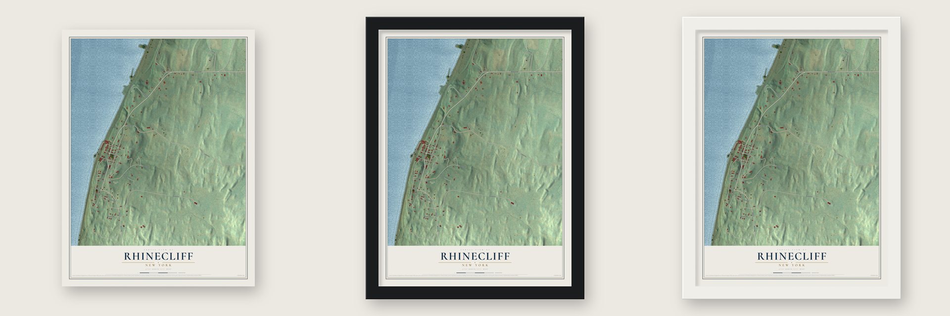 Rhinecliff, New York map unframed, in a black wood frame and in a white wood frame