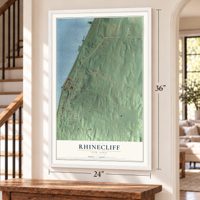 Rhinecliff, New York map, 24 x 36 inch print in a white frame by a staircase