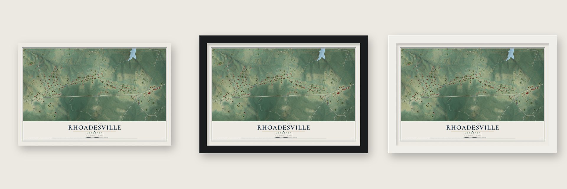 Rhoadesville, Virginia map unframed, in a black wood frame and in a white wood frame