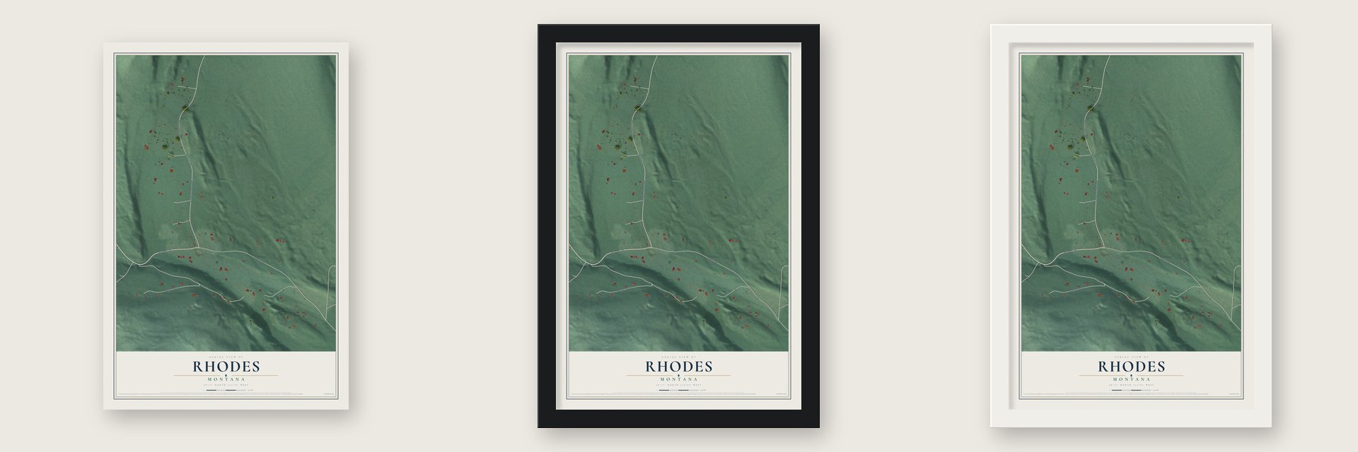 Rhodes, Montana map unframed, in a black wood frame and in a white wood frame