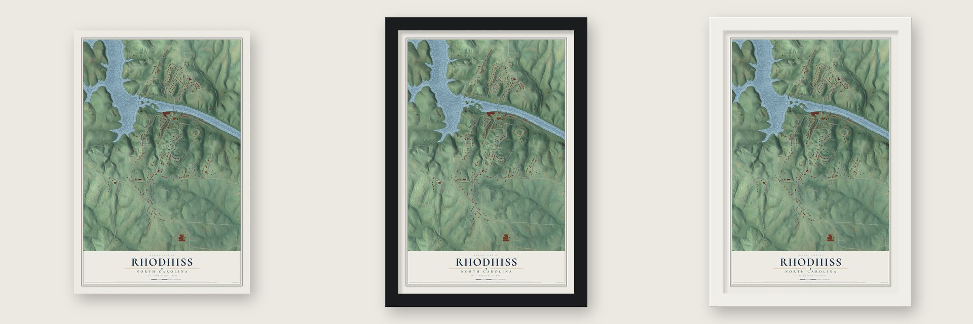Rhodhiss, North Carolina map unframed, in a black wood frame and in a white wood frame