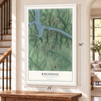 Rhodhiss, North Carolina map, 24 x 36 inch print in a white frame by a staircase