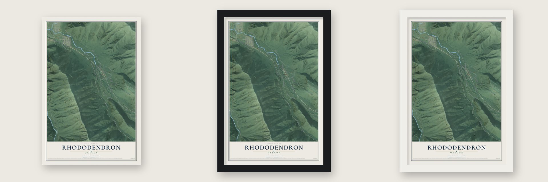 Rhododendron, Oregon map unframed, in a black wood frame and in a white wood frame