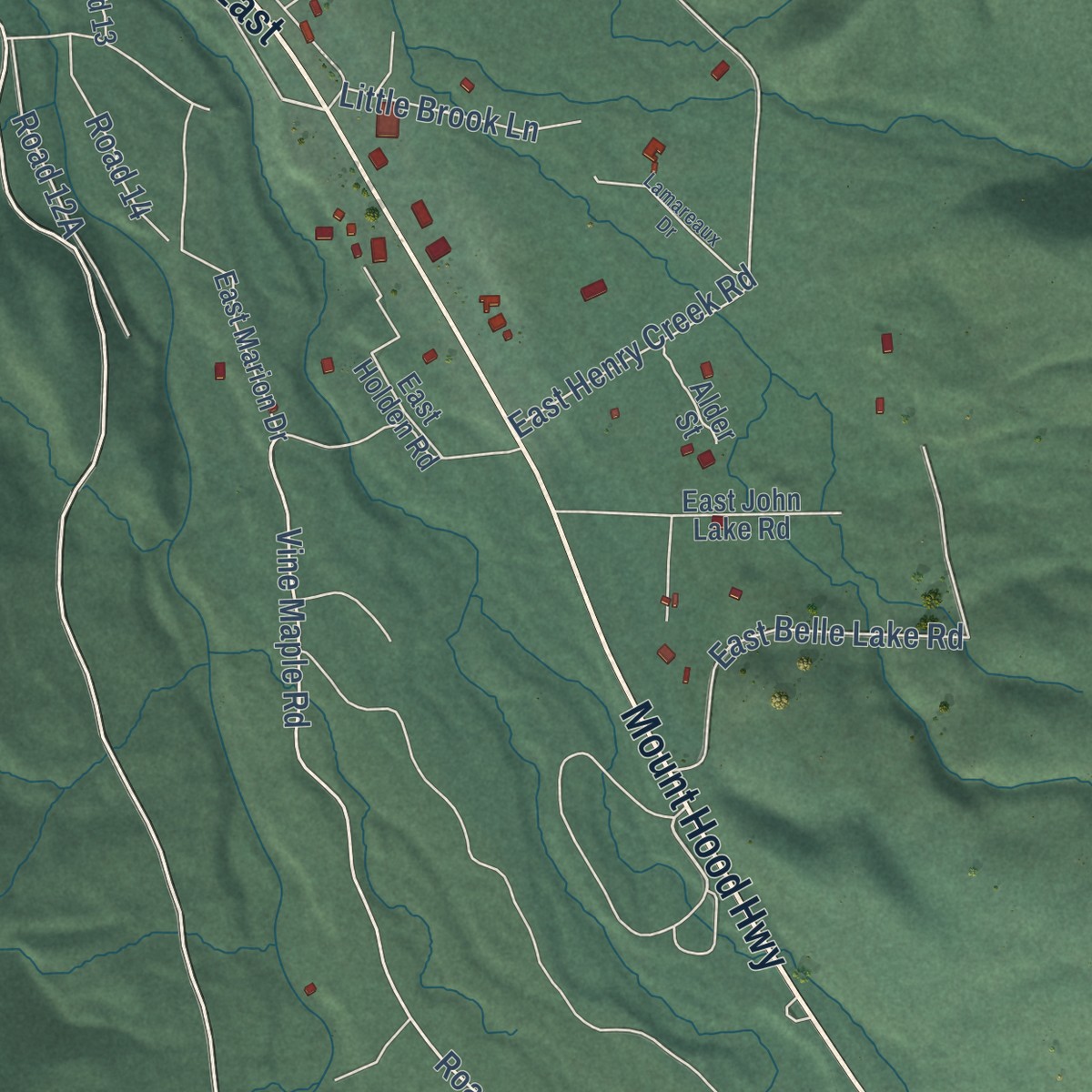 Second close-up of the map of Rhododendron, Oregon print showing more streets and buildings