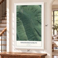 Rhododendron, Oregon map, 24 x 36 inch print in a white frame by a staircase